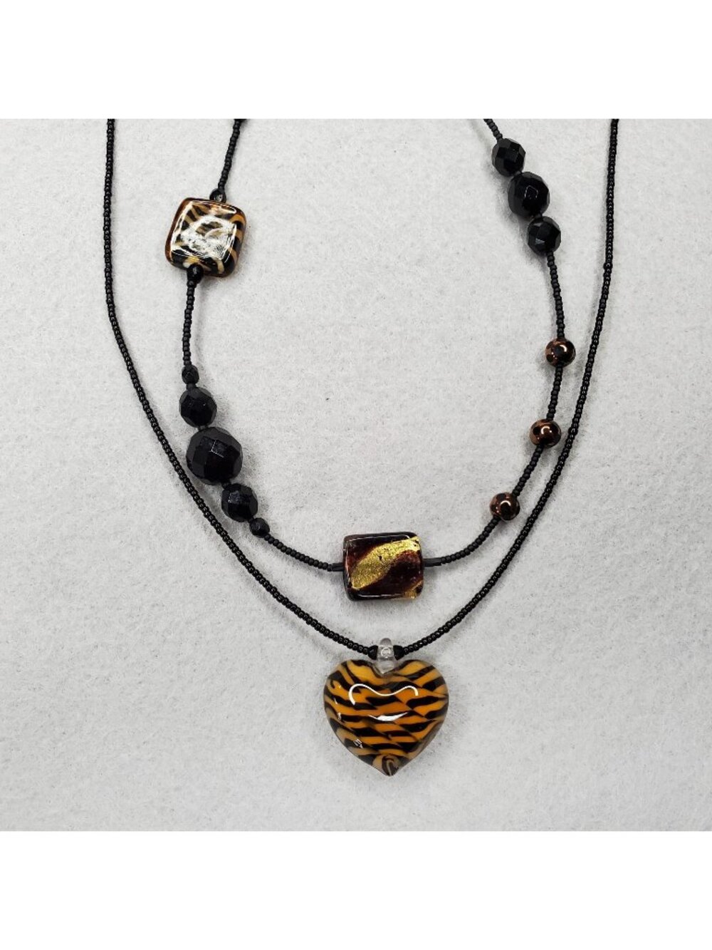 Glass Beaded Necklace Black Brown Puff Heart Leopard Tiger Flapper Lot of 2